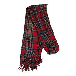 Set of mid 20th century bagpipes, with McLeod chanter, Royal Stuart cover, tassels, ribbons and spare accessories, contained within a wooden carry case, together with a Scarborough Highland Pipe Band uniform, comprising black highland dress jacket, Royal Stuart kilt, Glen Garry hat, Swinging Six sporren, Sgian Dubh knife, piper's dirk with knife and fork, etc