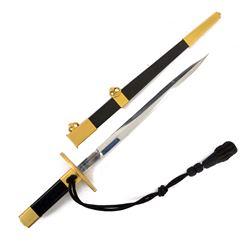 French Air Force officers dagger, with 26cm double edged blade, the riscasso marked with air force insignia, with brass cross guard, in leather scabbard with metal mounts and two hanging loops, complete with with sword knot, hanging straps and box 