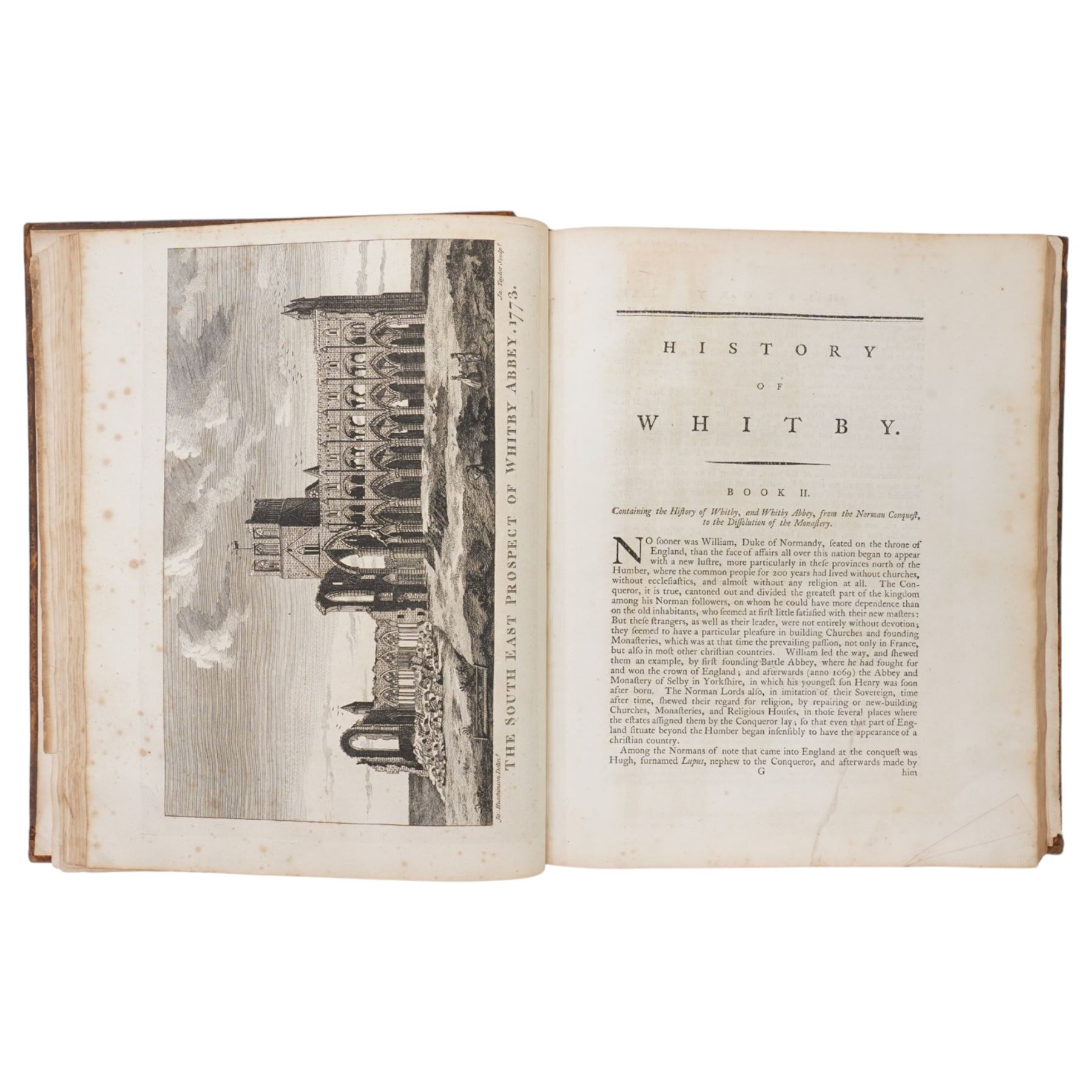 Charlton, Lionel -' History of Whitby and of Whitby Abbey' printed by A Ward 1779 with folding plan, black and white plates, Thomas Fishburn book plate, leather boards