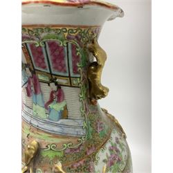 19th century Chinese Canton Famille Rose vase, decorated with figural panels against floral and foliate scroll ground, converted to a lamp, H46cm