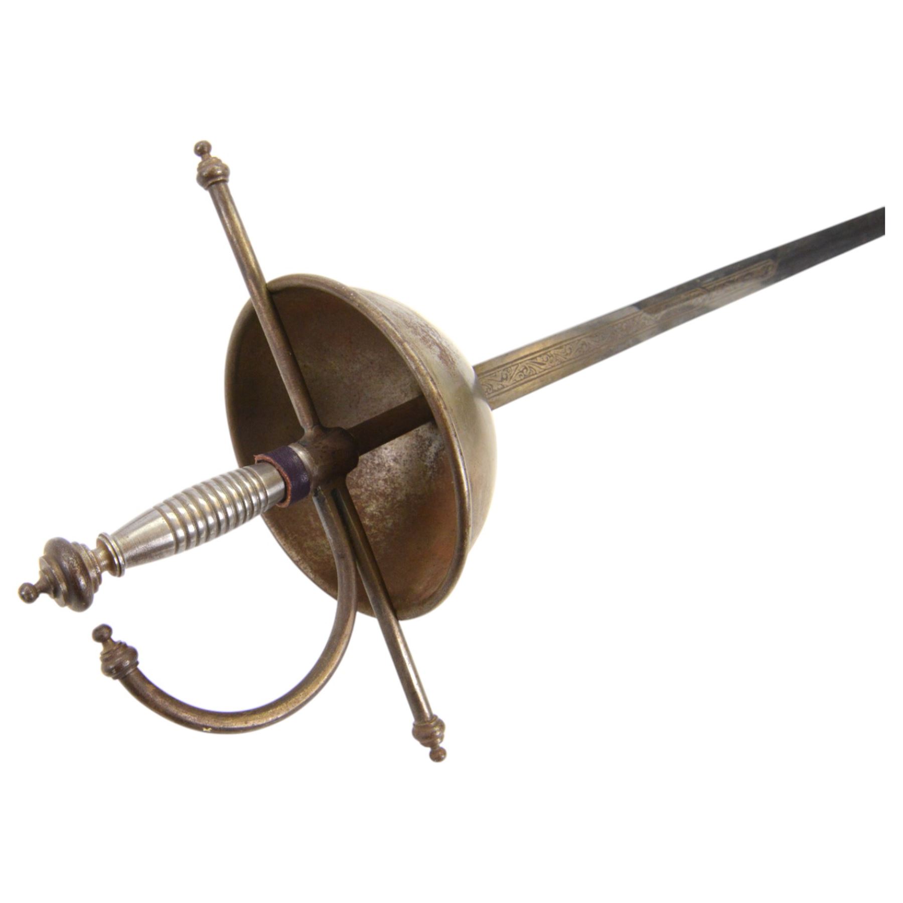 Pappenheimer rapier with L98cm double edged blade, looping narrow bar guard and wire bound grip together with Cup guard rapier, stamped Toledo in leather scabbard 