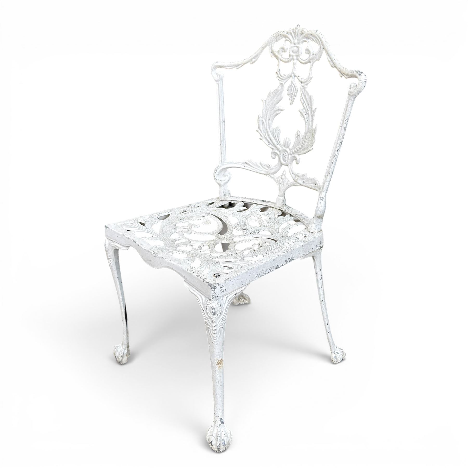 Victorian design cast aluminium circular garden table, and three chairs