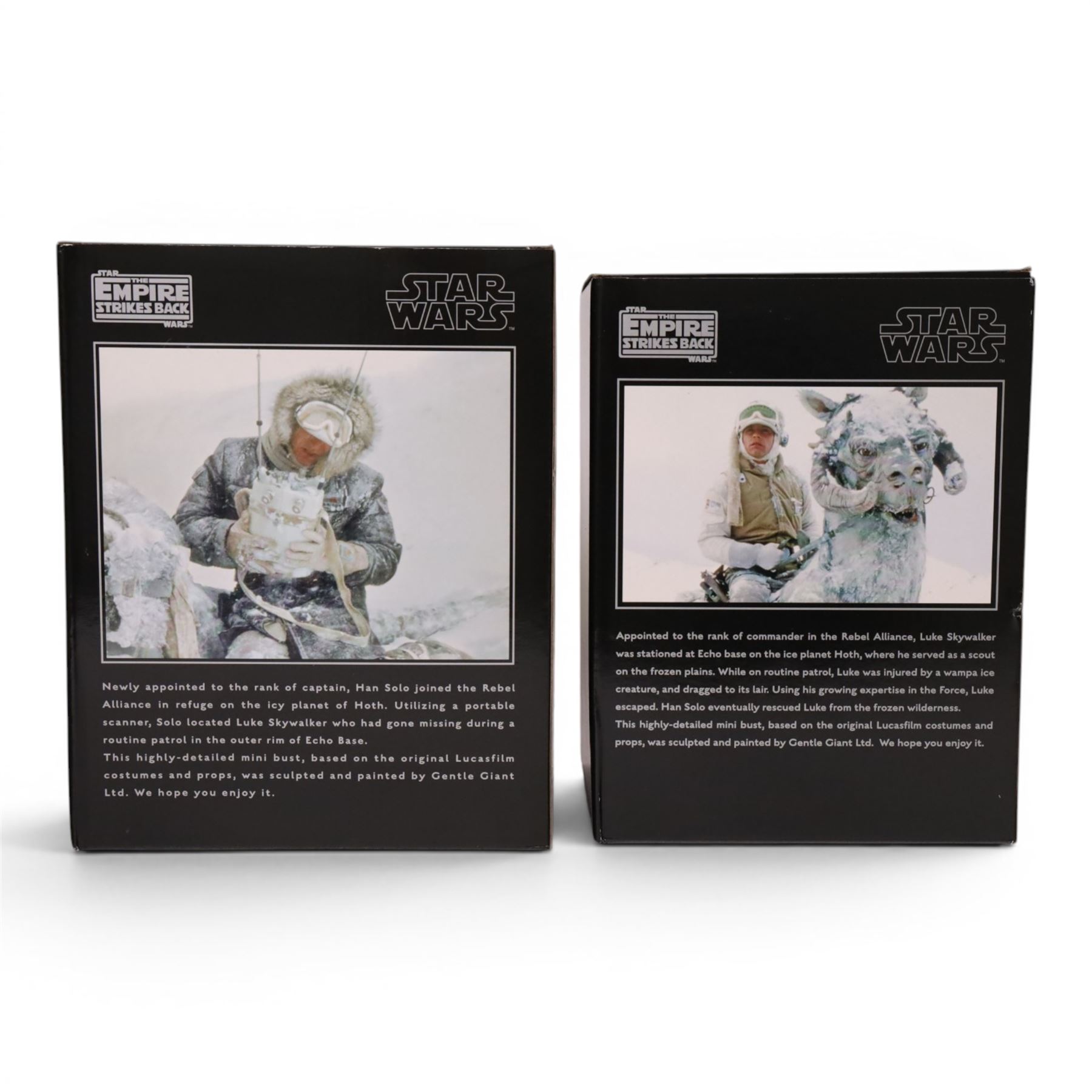 Two Gentle Giant limited edition Star Wars Collectible Mini Busts, Luke Skywalker (Hoth) no. 1289/2400 and Han Solo (Hoth) 1016/2200, both boxed with certificates of authenticity