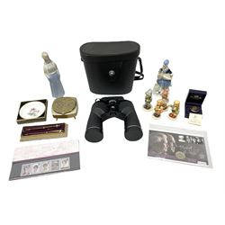 Pair of cased Boots Ascot binoculars, 10 x 50, Elizabeth & Phillip diamond wedding anniversary limited edition coin first day cover, Diana stamps, Cummles boxed Queen Elizabeth II enamel box, four Goebel Hummel figures, other ceramics and metal ware etc