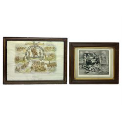 WW1 photogravure print depicting the VC action of Boy (1st Class) John Travers Cornwell mortally wounded in the Battle of Jutland May 31st 1916 34 x 41cm, walnut frame; and WW1 colour print entitled 'England's 1914-1919 Call' in simulated rosewood frame (2)
