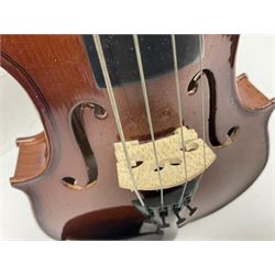 Four student violins - two Chinese three-quarter size with 33.5cm and 34cm two-piece backs; Stringers of Edinburgh quarter size with 28cm two-piece back; and Stentor quarter size with 28cm two-piece back; each in carrying case (4)