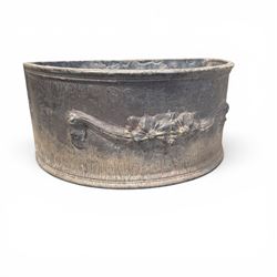 Pair of 19th century decorative lead planters of demi-lune form, decorated with raised relief floral swag decoration