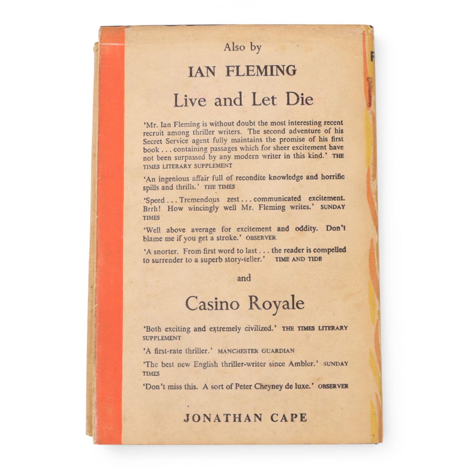 Fleming, Ian - James Bond 'Moonraker' first edition state B, with shoot spelling correction on page 10, original black cloth with silver titles, with orange and yellow flame dust jacket, pub. Jonathan Cape, London 1955