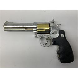 Early 20th century Flobert 5mm blank firing revolver with six-shot chamber, top venting, nickel plated with folding trigger No.118 L12.5cm overall; replica non-firing 'British Bulldog' revolver; and Windproof gas lighter inscribed 'Revolver-99 Spring and Autumn' in holster marked 'Star-Line'
