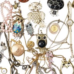Early 20th century gilt metal swallow necklace, 18ct '13' heart pendant, silver panel bracelet, silver chatelaine hand mirror, Birmingham 1922, Halcyon Days enamel box, ladies Rotary wristwatch, Spendid pendant watch, miniature Japanese Satsuma vase and other costume jewellery 