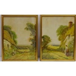  Figures outside Thatched Farmhouse, pair watercolours signed by Fred Hines (British 1875-1928) 36cm x 27cm (2)  