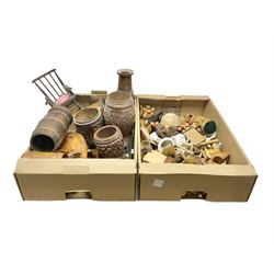 Turned wooden string dispenser and a collection of other carved wooden figures and collectables, in two boxes