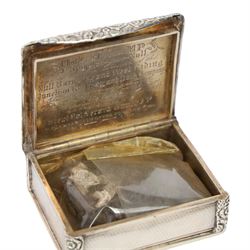 Rare Victorian silver provincial snuff box, of rounded rectangular form, the hinged cover with central engraved crest above motto 
