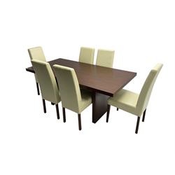 Oak rectangular dining table (W180cm D90cm H78cm); and set six high back dining chairs, upholstered in cream faux leather, raised on square tapering supports