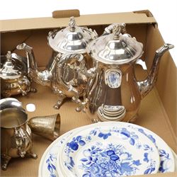 Portmerion Harvest Blue pattern plates, Paragon Fiona pattern tea service, a silver plated tea and coffee service, etc, contents in two boxes