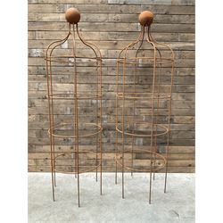 Pair of Country House wrought iron garden obelisks with ball finial, raise in four tiers