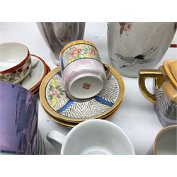  Japanese eggshell tea service, decorated with cranes and wisteria, to include teapot, coffee pot, coffee cans plates etc, together with another coffee set and John Lewis coffee cans  