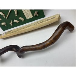 Annotated display board of clay pipes; rootwood walking stick and Yorkshire CCC signed cricket bat 2001