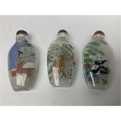 Seven Chinese glass snuff bottles painted with figures and animals, together with three wood mounted bone examples