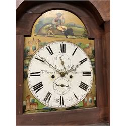 Francis Allison & Co. Finkle Street Richmond - late 19th century 8-day mahogany veneered longcase clock, with a swan’s neck pediment and break-arch hood door flanked by ring turned pillars, broad trunk with cushion moulding and recessed half-pillars to the sides, short trunk door with carved cresting to the top, rectangular plinth with conforming side pillars, fully painted 13” dial with matching brass hands, Roman numerals, minute track, subsidiary seconds and date dials, diagonally matched painted  spandrels and a depiction of a seated shepherd to the break arch, dial pinned directly to an eight-day rack striking movement, striking the hours on a bell. With weights and pendulum. 