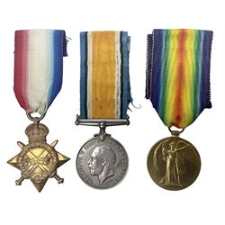 WW1 group of three medals comprising British War Medal, 1914-15 Star and Victory Medal awarded to 20478 Pte. F. Bradley Wilts. R.; all with ribbons; some biographical details