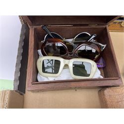 Single drawer brass telescope, three wood boxes, quantity of sunglasses etc
