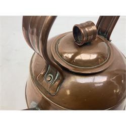 Welsh E Thomas & Williams Ltd Aberdare brass miners lamp, together with a 19th century brass trivet with scrolling pierced top upon four legs with paw feet, and a Victorian copper kettle, (3)