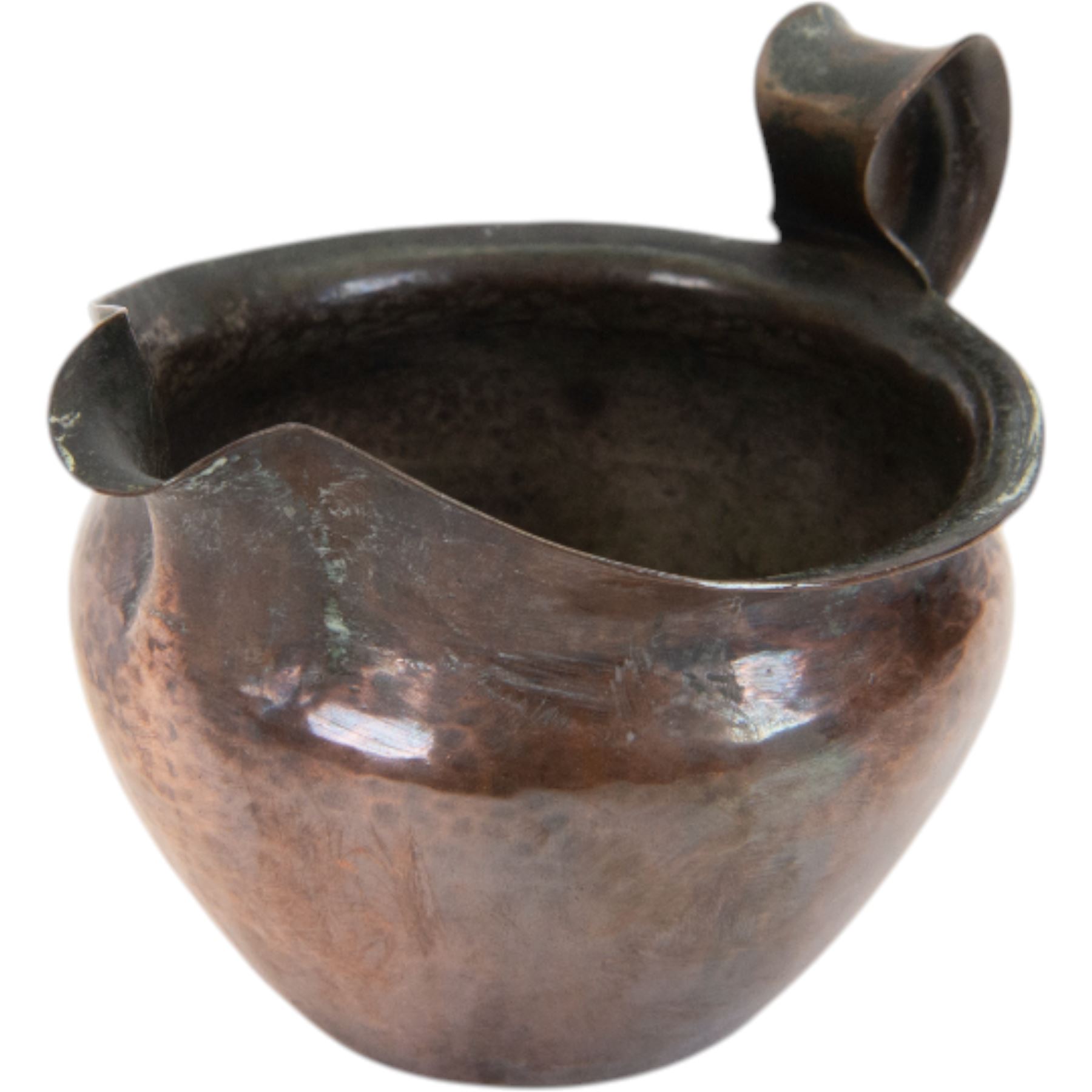 Keswick School of Industrial Arts: Arts & Crafts copper teapot, of stylised squat form with cane bound reed handle and ebony finial, together with a lidded jug, of bellied form with cane bound handle and Bakelite type thumbpiece and a cream jug of squat form with stylised loop handle, all stamped KSIA beneath, tallest H14cm