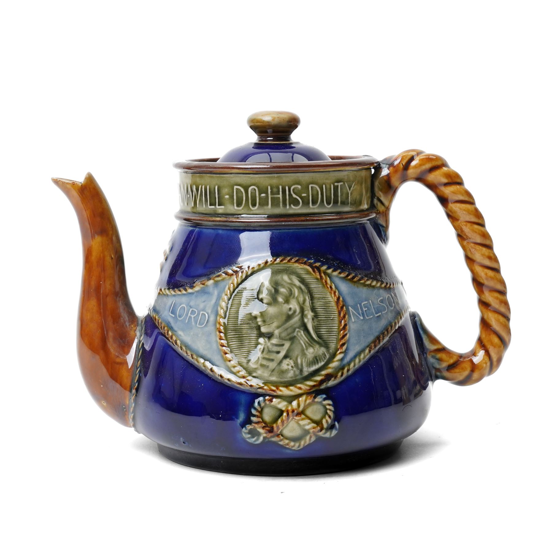 Royal Doulton stoneware Lord Nelson commemorative three piece tea set modelled in low relief with Victory and Nelson portrait with rope twist handles height of tea pot 13cm, Copeland late Spode coffee pot with relief moulded decoration and a similar jug