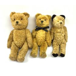 Two continental graduated teddy bears,1950s, each with wood wool filled cotton plush type bodies, glass eyes, vertically stitched nose and mouth and jointed limbs with fabric paw pads largest H14.5