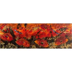 Rozanne Bell (Zimbabwean 1962-): Field of Poppies, mixed media with acrylic and resin on board signed 37cm x 100cm 