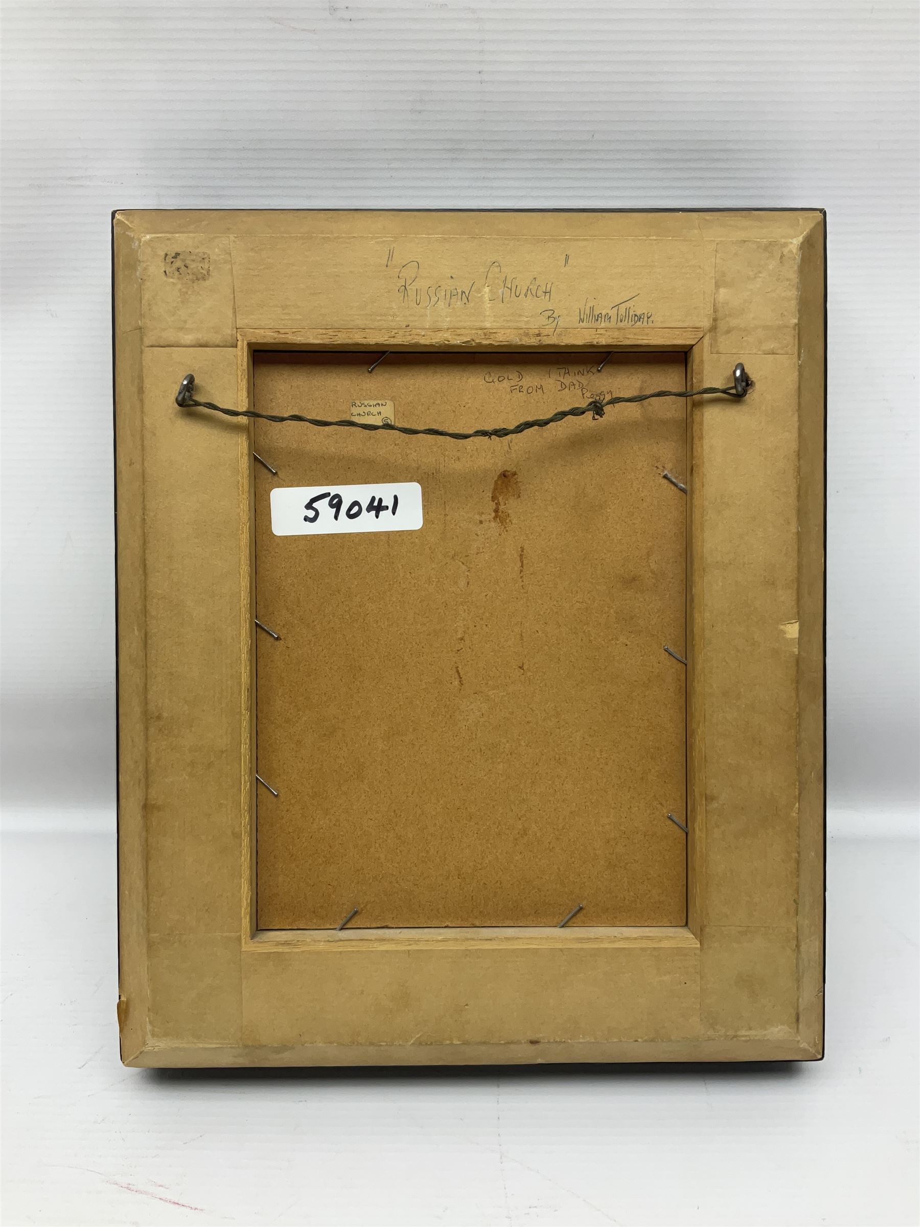 William Tolliday yellow metal study of a Russian Church, upon painted background within velvet and gilt wood frame, signed and dated to corner, H31cm