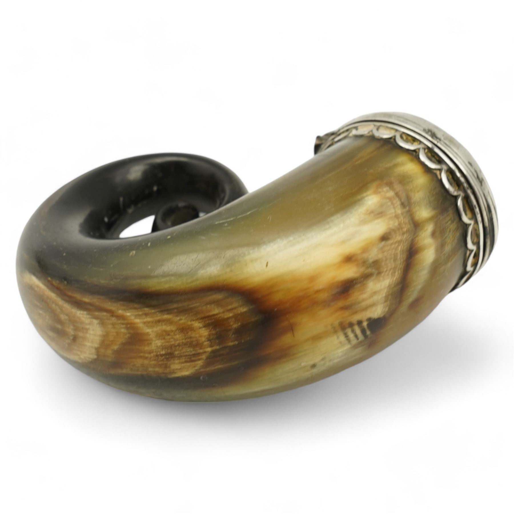 19th century Scottish rams horn snuff mill, the hinged cover with a silver plaque engraved with initials, below a silver scalloped mount, L10cm 