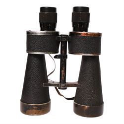 WWII German Pair of  7x50 Binoculars, stamped to the back plate '7x50 beh (T) 380587 KF' and stamped to the other side with the Kriegsmarine mark and 32739 N, wiht later leather case, H22cm