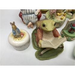 Collection of Border Fine Art studios Beatrix Potter ceramics, to include Enesco jug, Peter Rabbit letterbox money box, Jemima Puddleduck egg cup, Peter in Watering Can figure, Pig Robinson money bank, Schmid musical examples etc, three with boxes