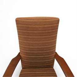 Parker Knoll - 'PK 988' open armchair, with teak frame, upholstered in a striped fabric, raised on tapering supports, the loose seat cushion supported on elasticated webbing 
