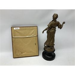 Framed cast brass head and shoulder plaque of Charles Dickens and a bronze painted spelter figure of a young lady, lady H44.5cm (2)