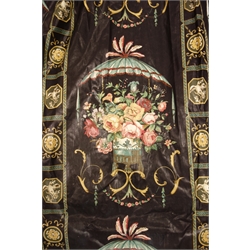 Pair Sanderson type curtains (W220cm, Drop - 211cm) another two pairs (W124, Drop - 234cm), and one Venetian blind (W56cm, Drop - 76cm), black ground with floral and botanical repeating pattern  