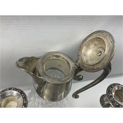 Glass claret jug, with silver plated top, together with other silver plate, to include pair of candelabras and tray with claw feet, jug H30