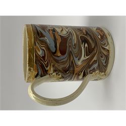 Late 18th century earthenware mug, possibly Ralph Wedgwood, Burslem or Ferrybridge, with surface marbled decoration and later gilt detail to rims and handle, impressed beneath Wedgwood & Co, H12cm