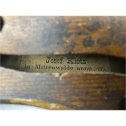 Late 19th century Saxony violin with 36cm one-piece maple back and ribs and spruce top; bears label 'Josef Klotz in Mittenwalde Anno 1795' L60cm overall; in ebonised wooden 'coffin' case