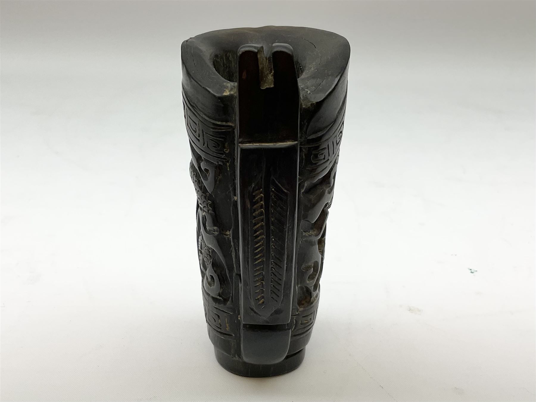 Chinese horn blood collection cup, carved with dragons and key fret border, H9.5cm