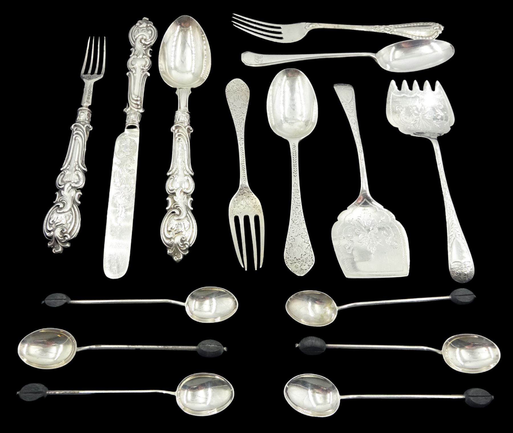 Group of assorted silver flatware, to include a pair of Edwardian