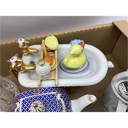 Four novelty teapots, to include bathtub, watering can, suitcase, and toaster, together with other ceramics, glassware, Mrs. Beetons Cookery Book etc