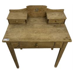 Waxed pine dressing table, two small trinket drawers over single drawer, on square tapering supports 