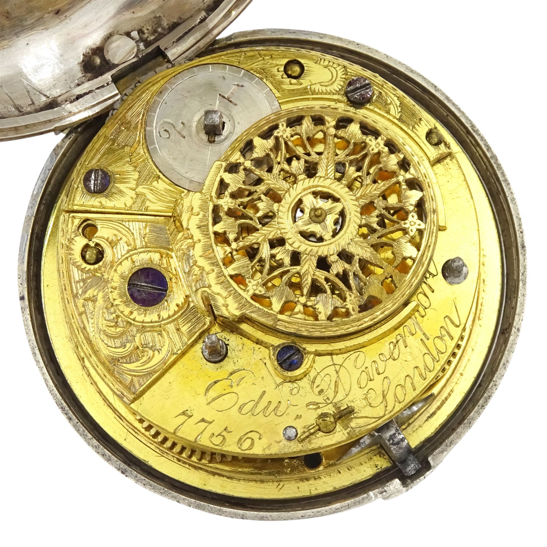 George III silver pair cased verge fusee pocket watch by Edward Davenport, London, No. 7756, white enamel dial with Roman numeral hour markers, case by Joseph Glenny, London 1806