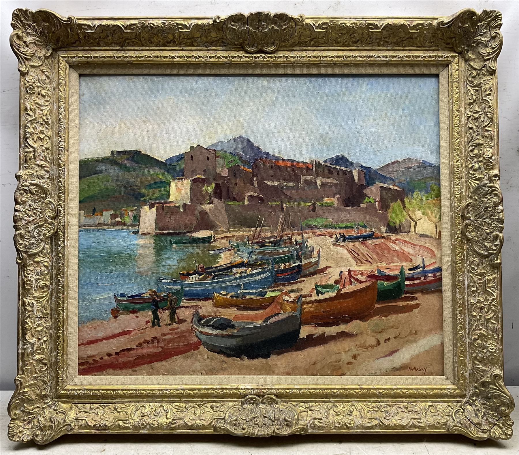 Philip Naviasky (Northern British 1894-1983): Continental Fishing Village, oil on canvas signed 50cm x 60cm
