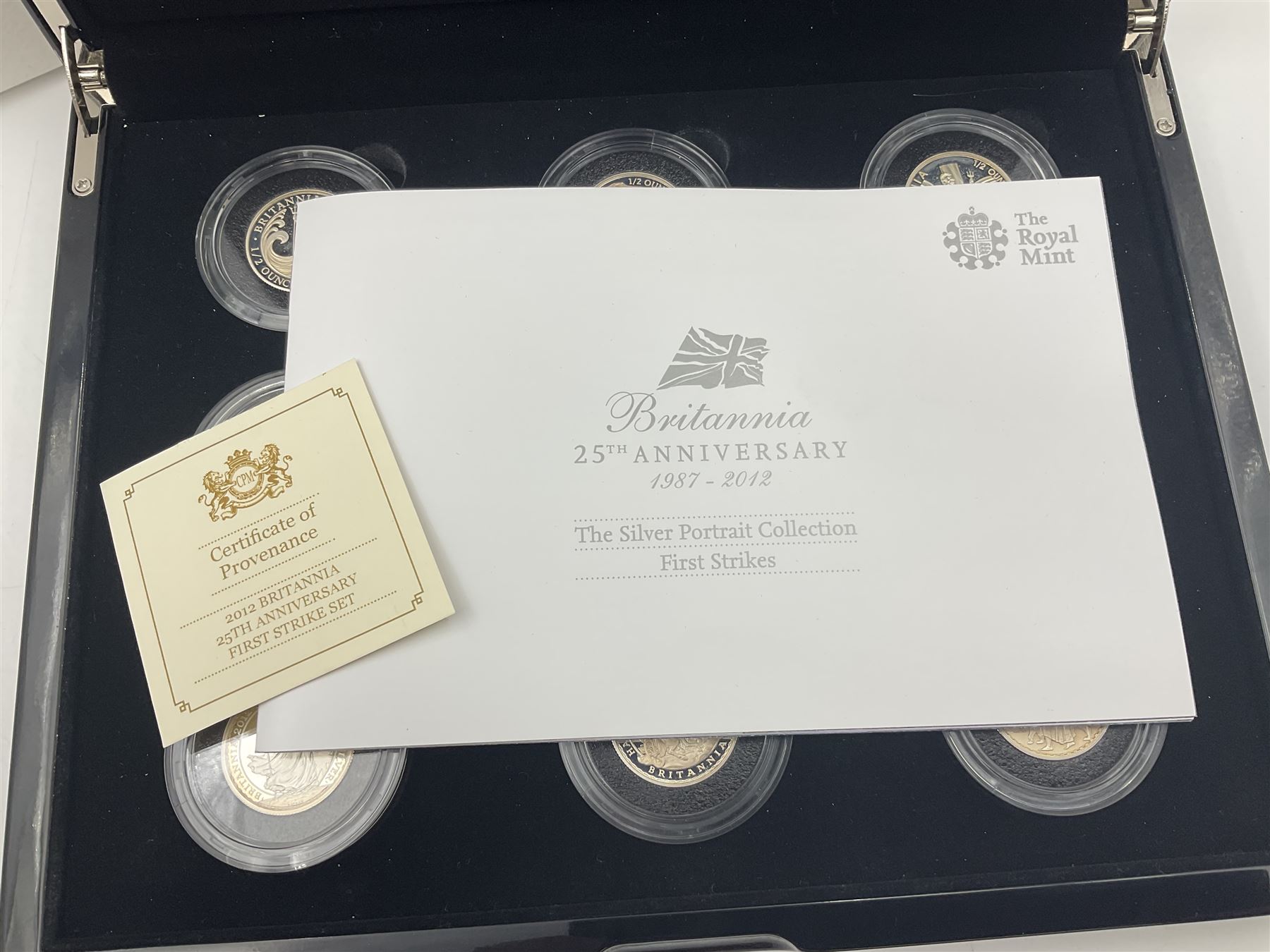 The Royal Mint United Kingdom 2012 'Britannia 25th Anniversary 1987-2012 The Silver Portrait Collection First Strikes' comprising nine half ounce fine silver Britannia coins, cased with certificate
