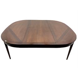 Grange Furniture - cherry wood finish oval extending dining table on square tapering supports, and a set of eight dining chairs with curved backs and upholstered seats 