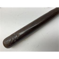 Three police turned hardwood truncheons comprising two patrol truncheons and WPC short truncheon (3)